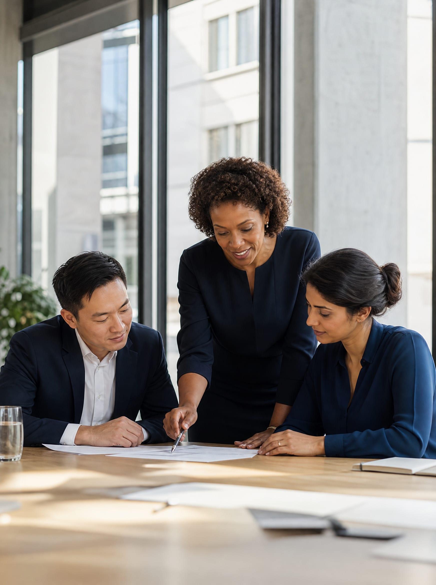 TaskOp consultants reviewing a strategy document with a client