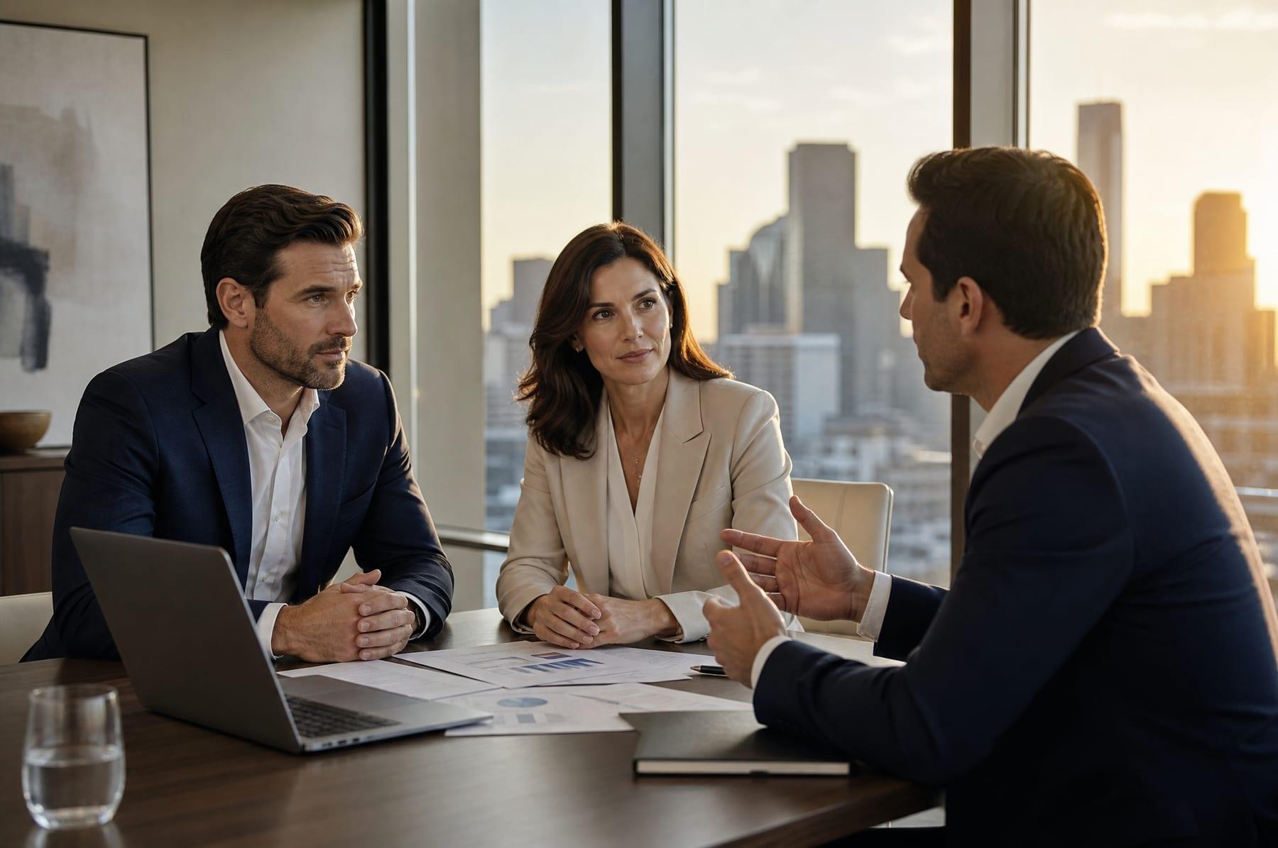 Executives and a consultant reviewing growth plans in a boardroom